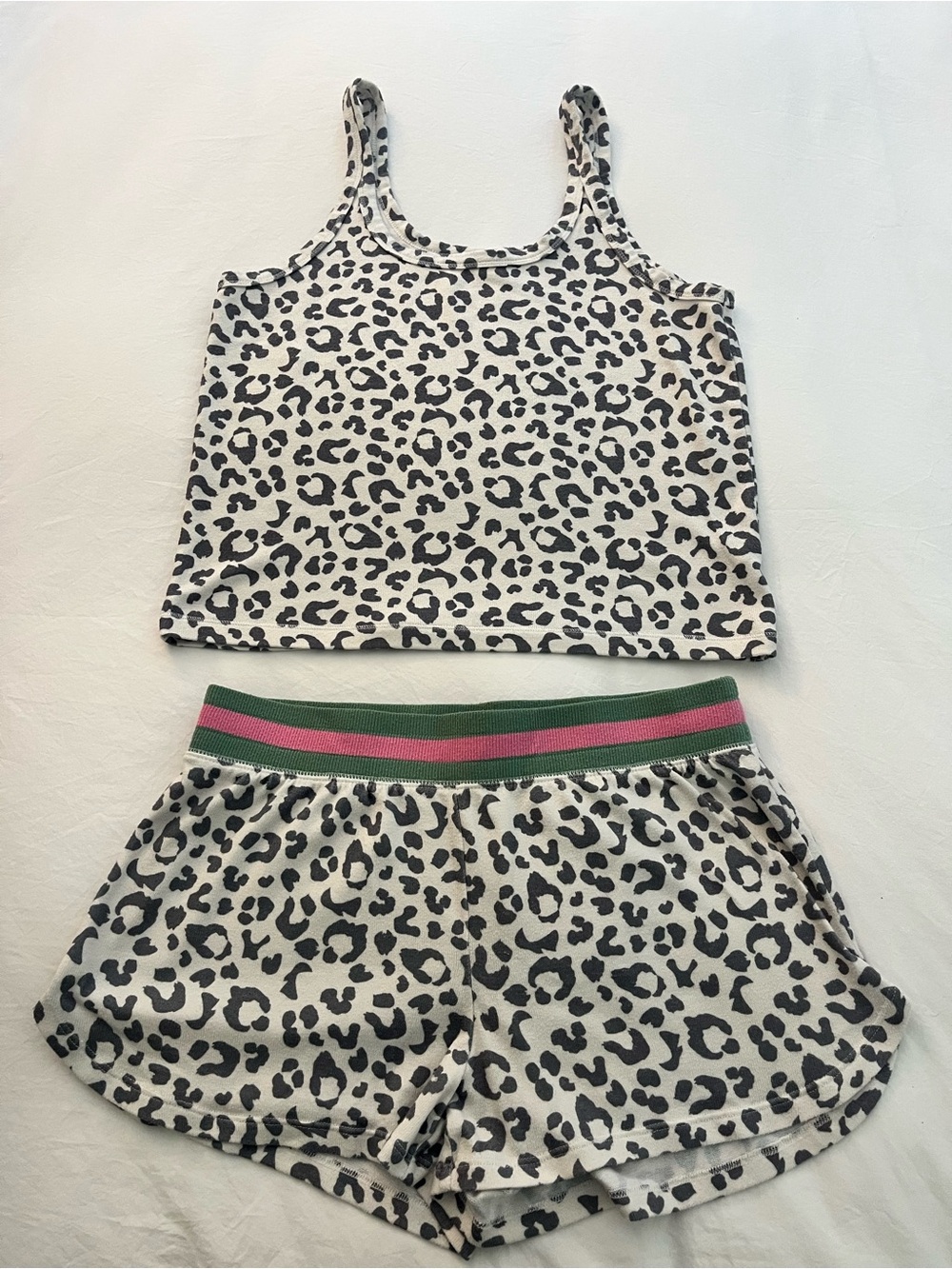 Women’s Leopard Print Tank & Shorts Pajama Set - White/Grey with Green/Pink